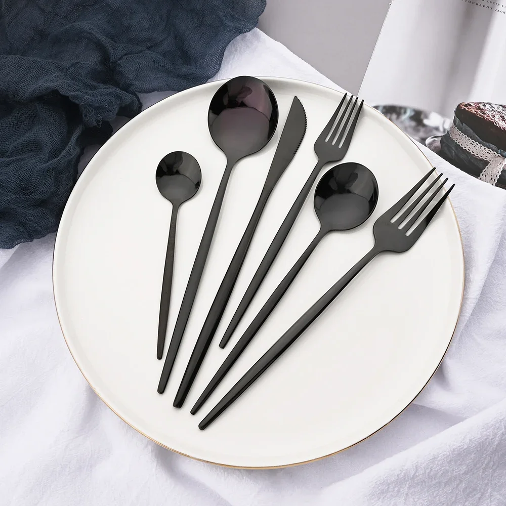 30Pcs Stainless Steel Cutlery Set Dinner Black Dinnerware Set Knife Dessert Fork Spoon Kitchen Tableware Mirror Silverware Sets