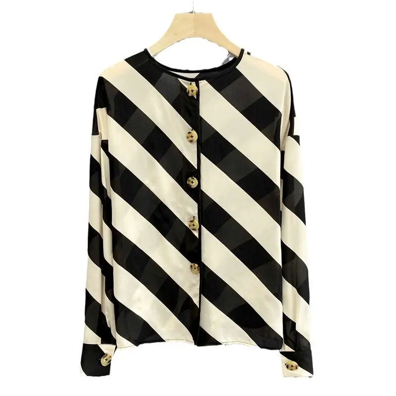 High end temperament diagonal stripes simulation silk mulberry silk long sleeved shirt jacket top  blusas