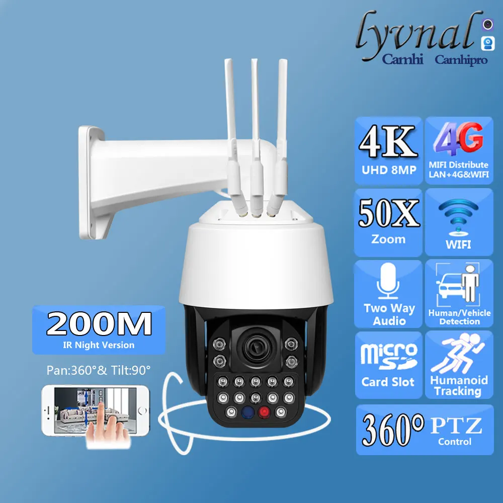 

3G 4G SIM Card UHD 4K 8MP Sony415 Wireles IP Camera 50X Zoom Wifi PTZ Dome Human Tracking Laser Infrared IR 200M Two Way Audio