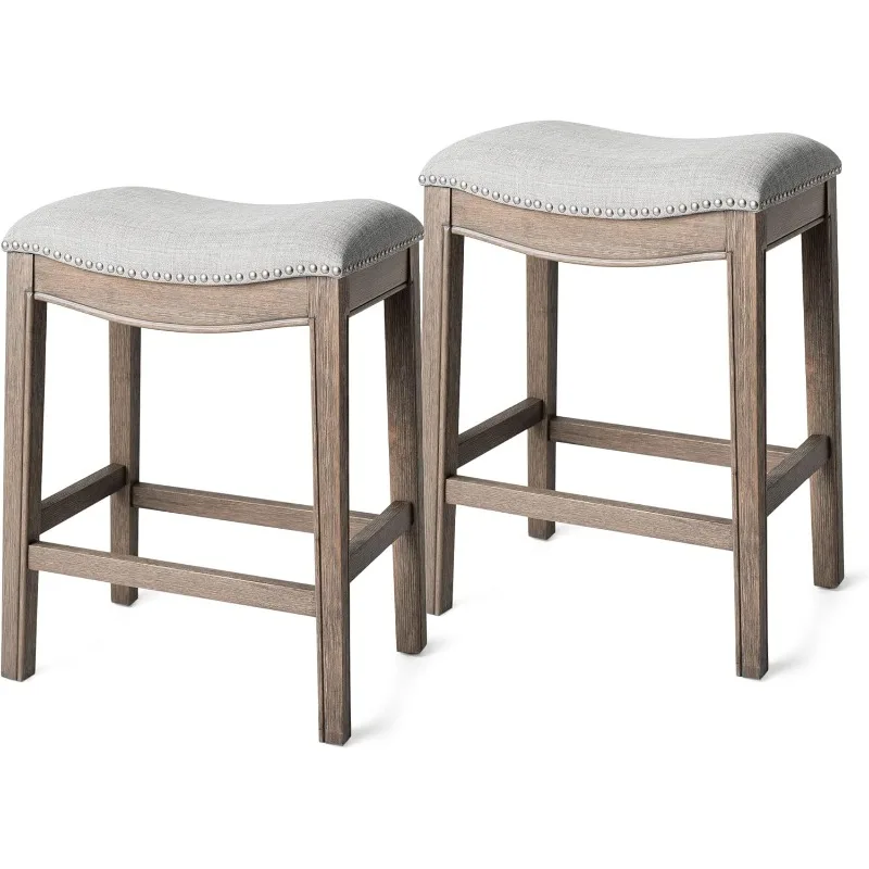 Adrien 26 Inch Counter Height Upholstered Backless Barstool in Reclaimed Oak Finish with Ash Grey Fabric Cushion Seat