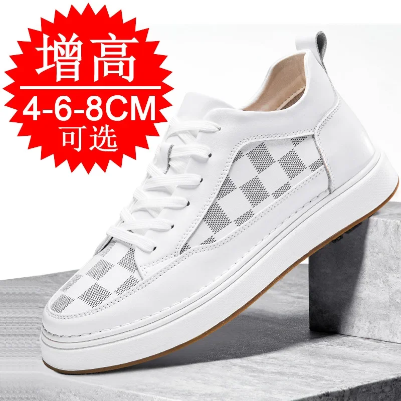 

INcreasiMen's Genuine Leather Sneakers Elevator Shoes Invisible Breathable Heightening Shoes 6/8cm Fashion White Sneakers