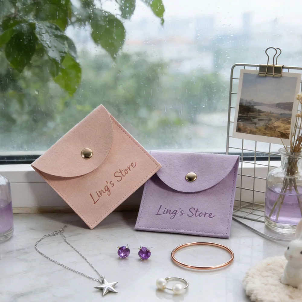 50/100 Stück individuelles Logo Mikrofaser Druckknopf Schmuckbeutel Ring Ohrringe Hochzeit Geschenkverpackung Großhandel Weihnachtsgeschenk Beutel