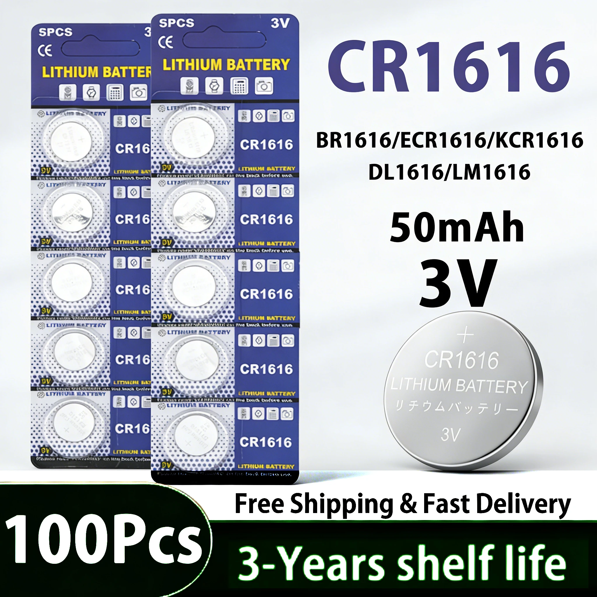 

5/10/20/50/100pcs CR1616 3V Lithium Batteries 5021LC LM1616 DL1616 Replacement Coin Cell for Car Remote and Watch