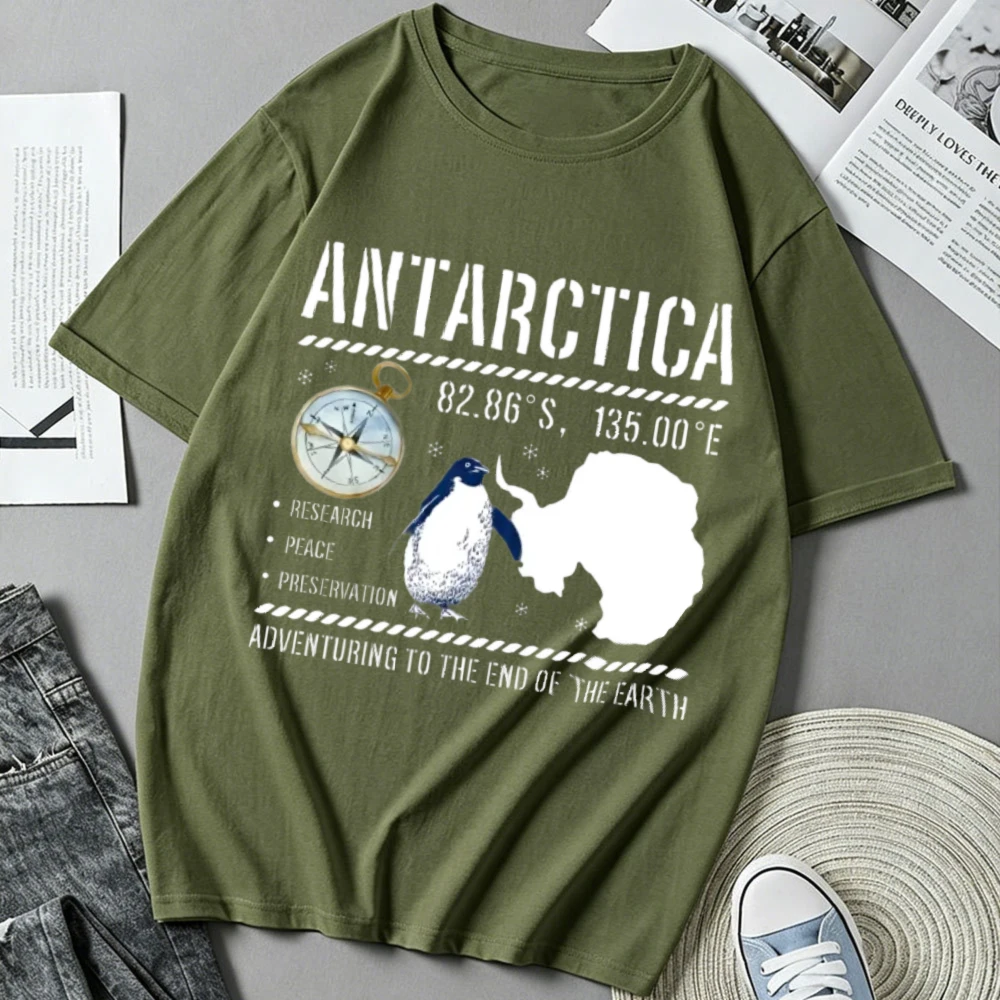 Antarctica Adventure Penguin Map Compass T Shirt Men Women Vintage Antarctic Coordinates Graphic Tee Casual Short Sleeve Tops