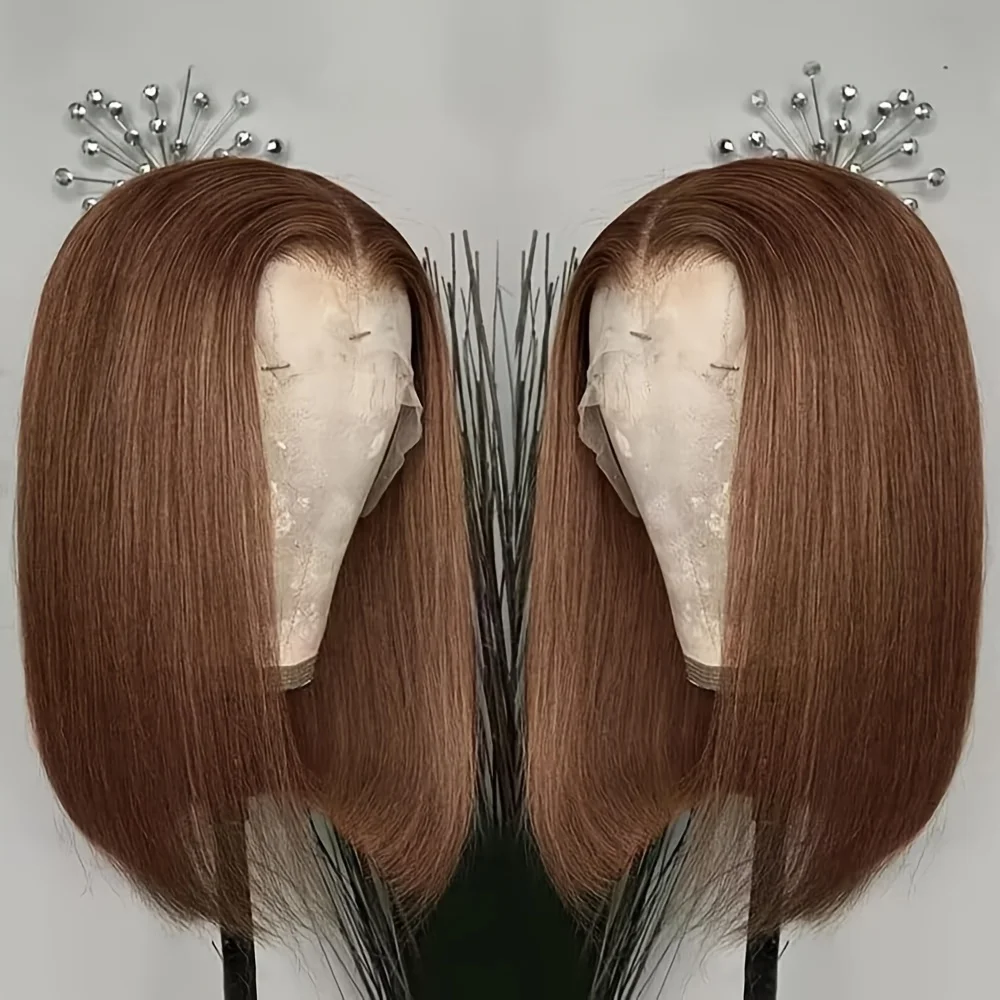 

13x4 chocolate brown Straight Lace Frontal Bob Wig Pre Plucked 13x5 Human Hair Wigs Brazilian Straight Short Bob Wig For Women
