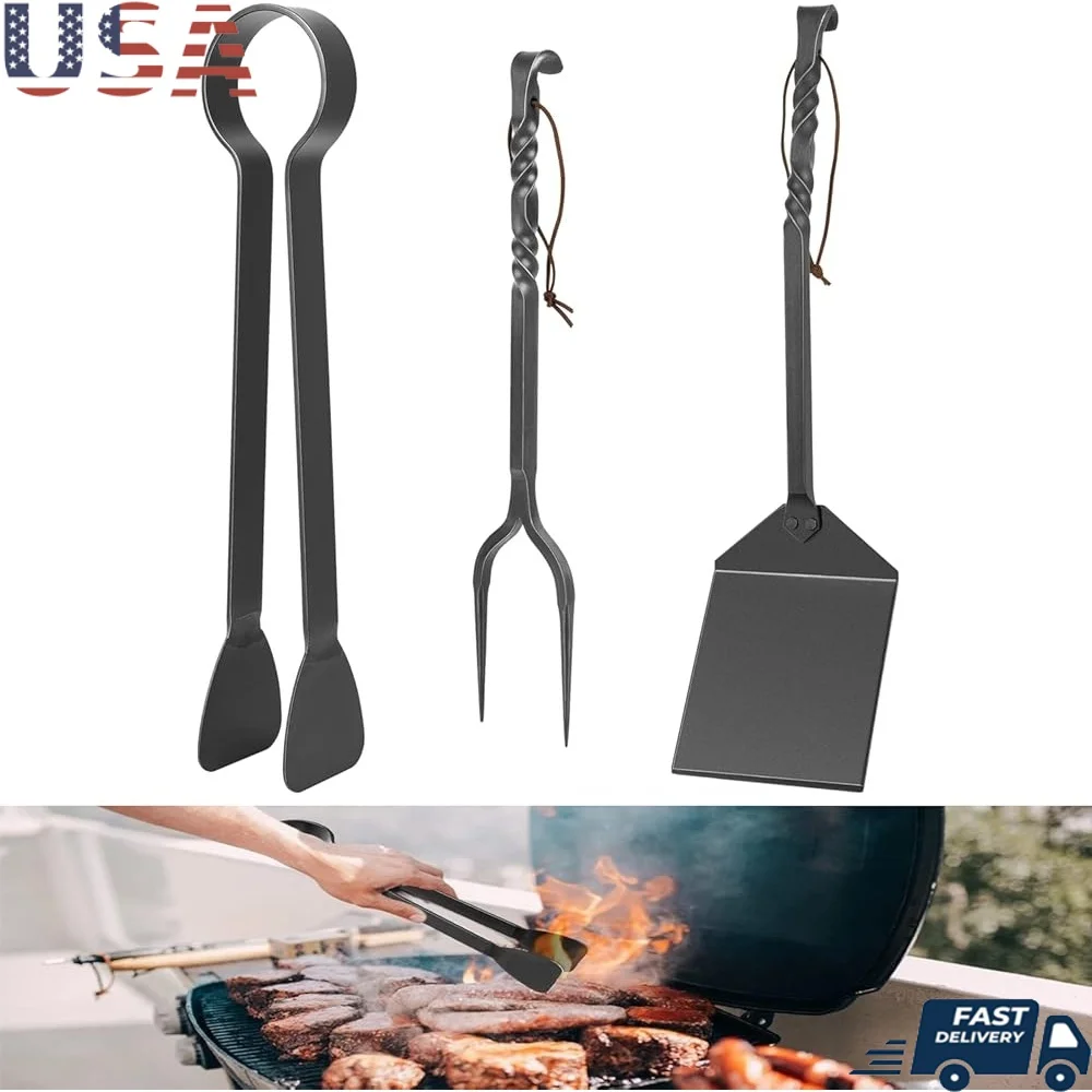 

3PC BBQ Tools Set Heavy Duty Steel Spatula Fork Tongs Non-Slip Handle Grilling Accessories Barbecue Cooking Gifts Outdoor Use