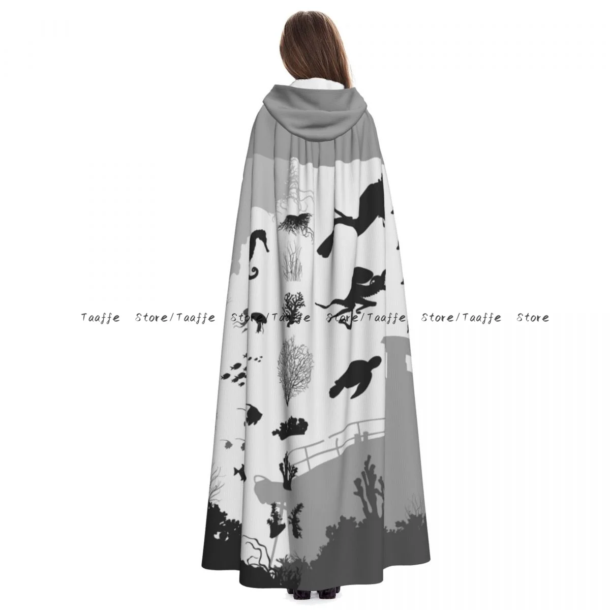 Underwater World Silhouettes Of Different Fishes Witch Cloak Halloween Cosplay Costume Adult Unisex Cloak Retro Ages Cape