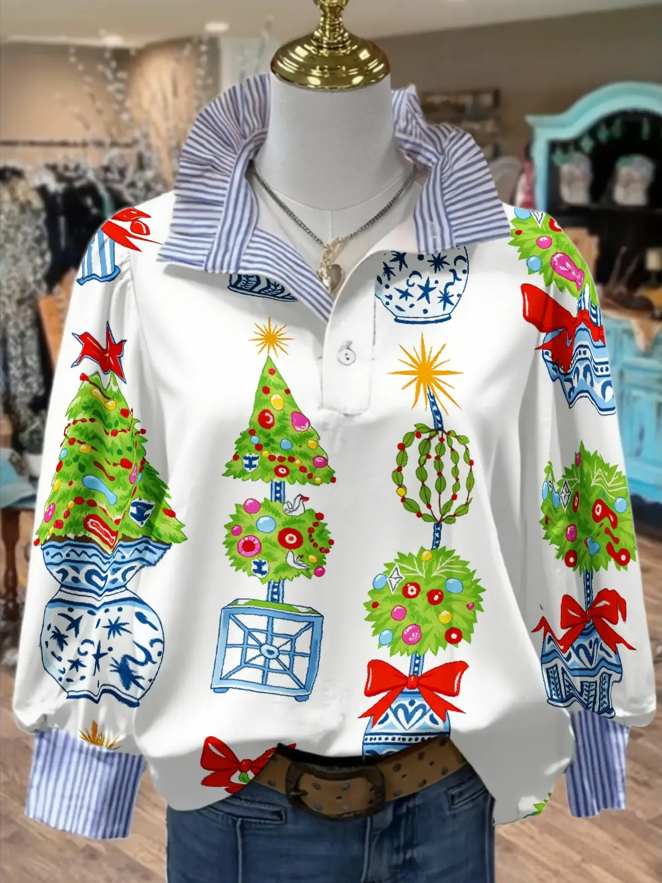 Christmas Women's Top Spring and Autumn Winter Women's Stand up Collar Shirt Long Sleeve, Four season comfortable shirt