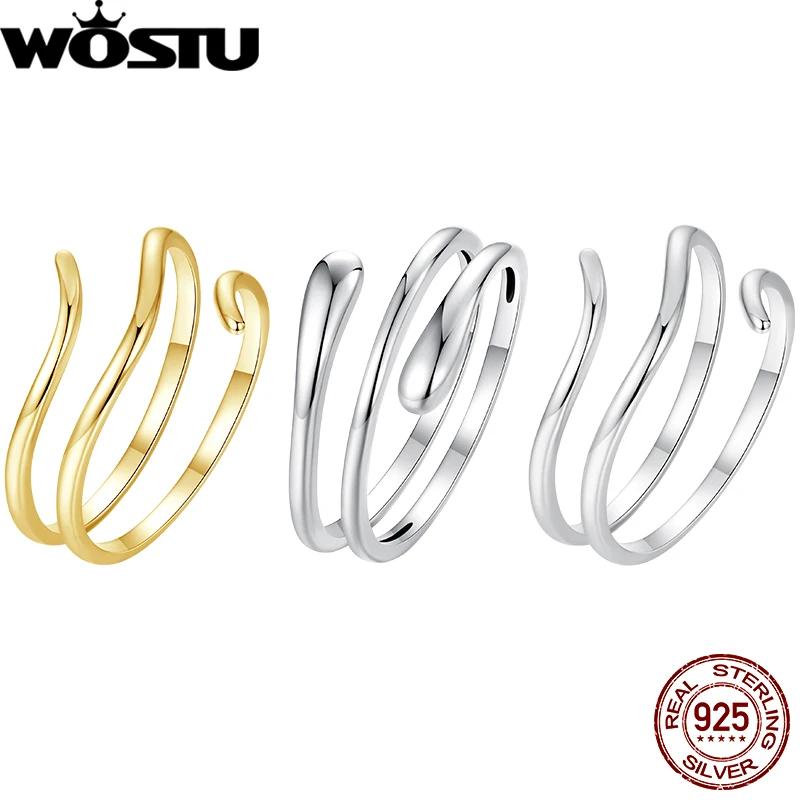 WOSTU 925 Sterling Silver Multi-layer Simple Ring Stackable Metallic Water Drop Open Ring Original For Women Fine Jewelry Gift