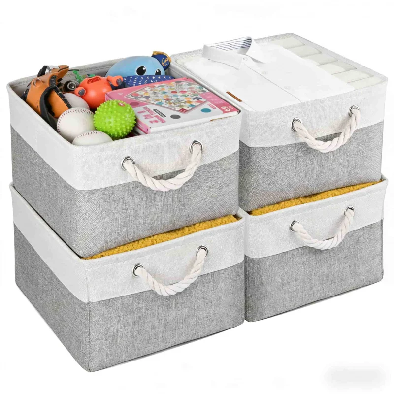 Faltbare Stoff-Aufbewahrungsbox mit Seilgriff Weiß-Grau Würfel Kleiderschrank-Aufbewahrungskorb Kleiderorganizer Regal
