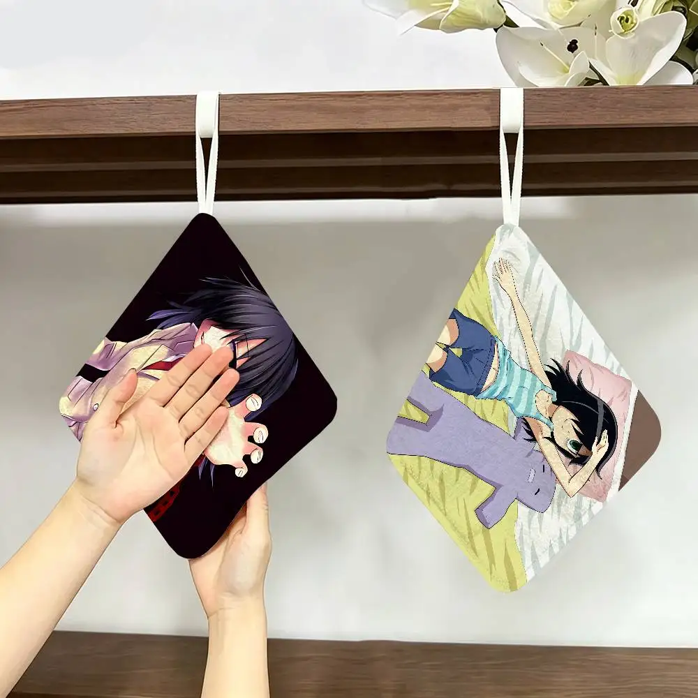 Anime W-Watamote Kuroki Tomoko Hanging Kitchen Towel, Polyester Cotton Fabric, Absorbent Hand Wiping Towel for Home Dormitory