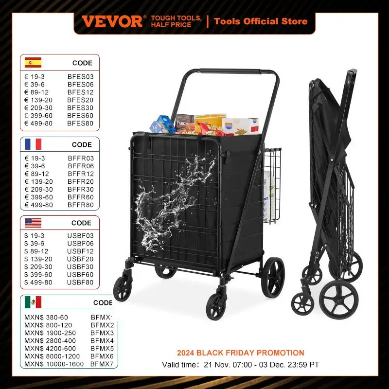 VEVOR Folding Shopping Cart with Removable Waterproof Liner 106/330LBS Large Capacity 360° Swivel Wheels Dense Metal Mesh Base