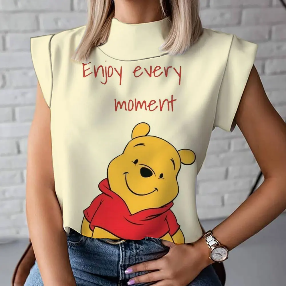 Kaus kerah tinggi lengan pendek wanita, T-shirt kerah tinggi modis dan nyaman kasual lengan pendek kartun Winnie the Pooh baru