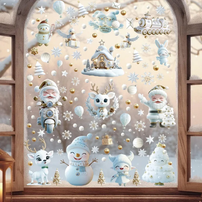9 Sheets Reusable Christmas Window Stickers - White & Golden Snowflake, Santa Claus, Reindeer,and Tree Designs, Static Cling PVC