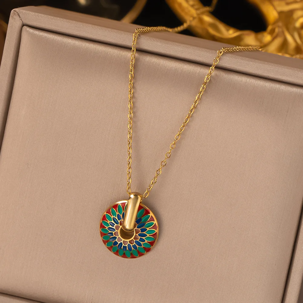 Vintage Painted Daisy Pattern Design Stainless Steel Necklace Earrings Set Female Creative Ethnic Style Jewelry Accessories image 5