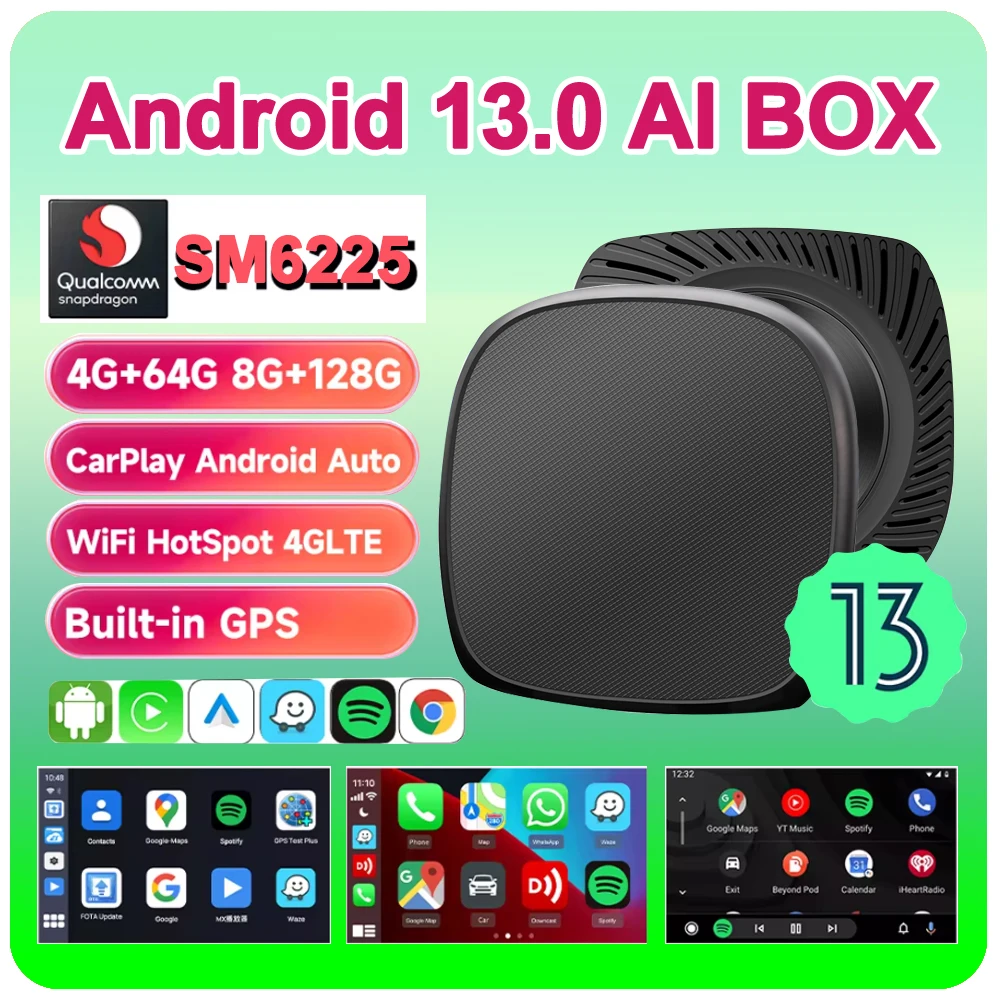 CarPlay Ai Box Plus Android13 8+128GB QCM 8-Core 6225 Wireless CarPlay Android Auto For YouTube Netflix 4G Lte Smart BT