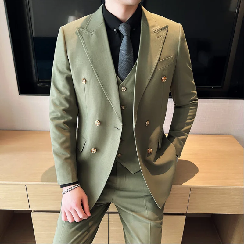 (Jackets+Pants+Vest) High-quality Men\'s Double Breasted Elegant Fashion Suits 3 Pcs Set Olive green Casual Wedding Social Tuxedo