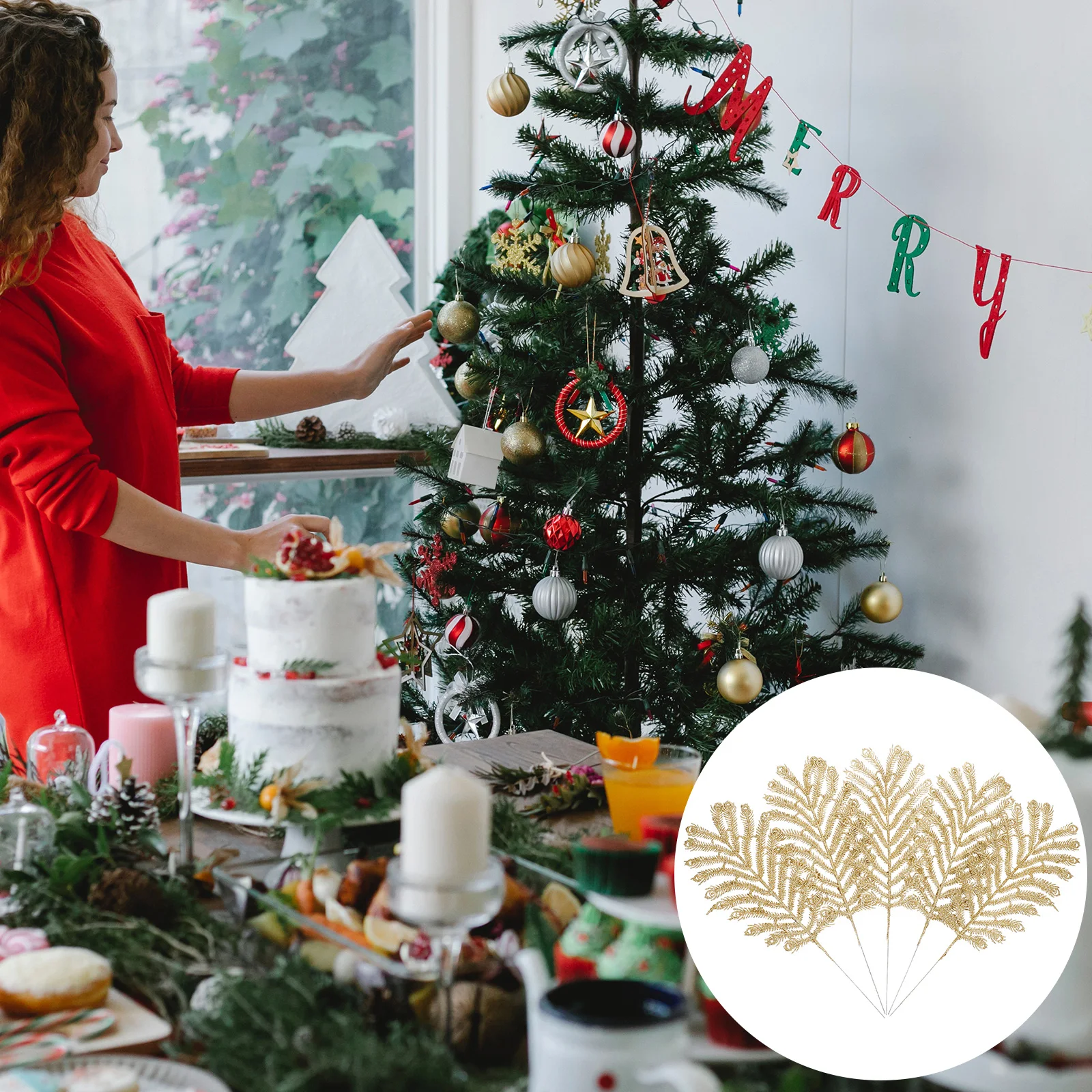

6 Pcs Christmas Decoration Holiday Stems Home Leaf Golden Craft Embellishments Diy Ornament Kit Baby