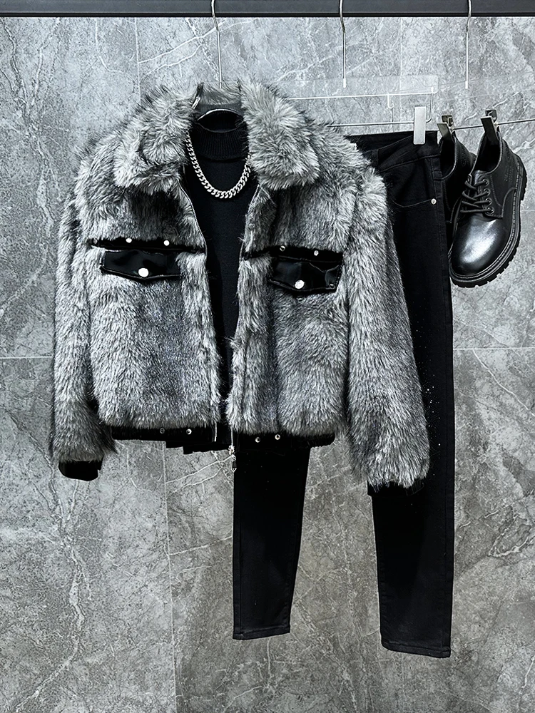 

High-End Faionable Winter Jaet Fake Fur Patchwork Design Club Cool Stand Collar Men's Coat Trendy ort Sve Zipper