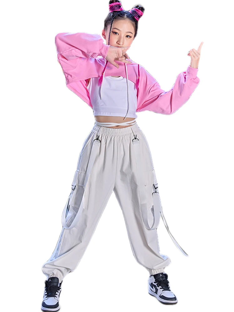 Roupas de dança Jazz feminino, traje Hip Hop, com capuz Tops rosa, calças brancas, crianças Hip Hop Performance Outfit, Kpop Stage Wear, L9441