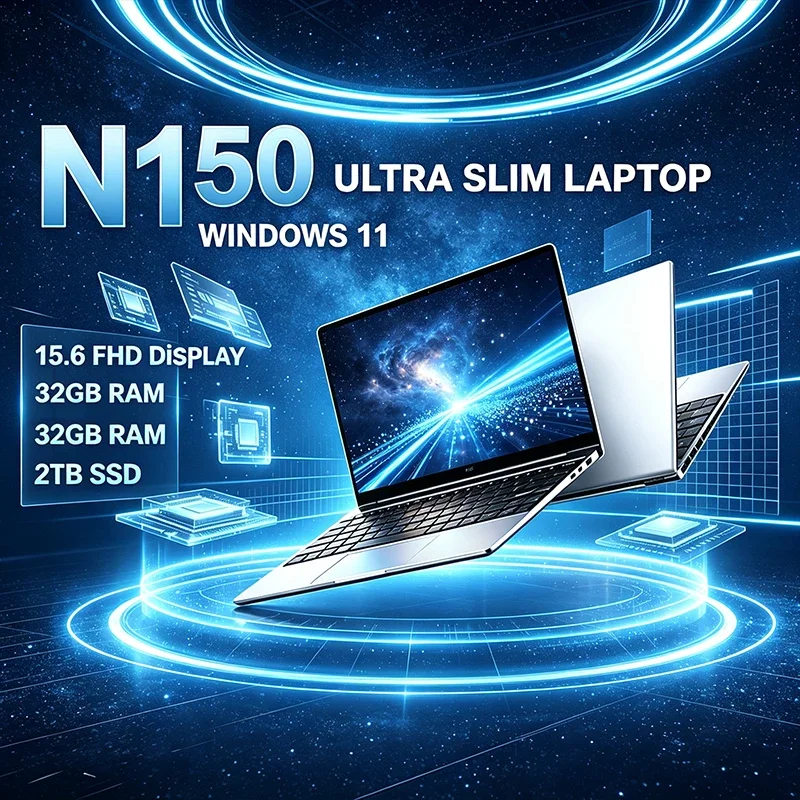 15.6 Inch 120Hz FHD IPS Laptop Intel N150 Processor 32GB Large RAM 2TB High Speed SSD Backlit Long Lasting Battery Notebook