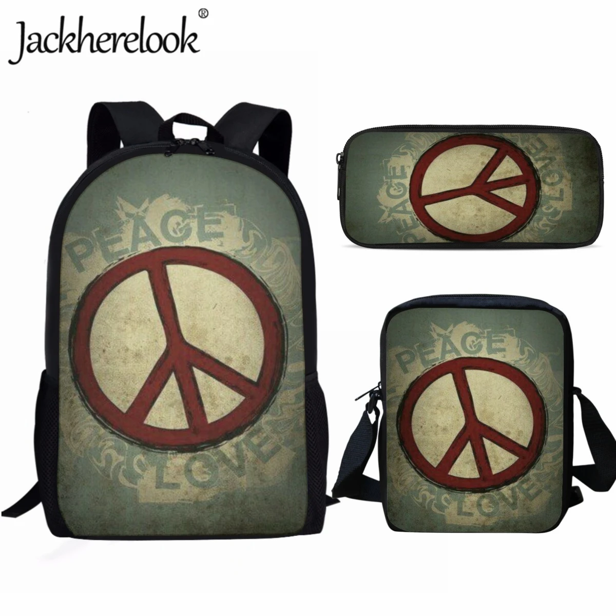 

Jackherelook Retro Style Peace and Love Pattern Print Casual Teenagers School Bag 3pcs Daily Travel Backpack for College Student