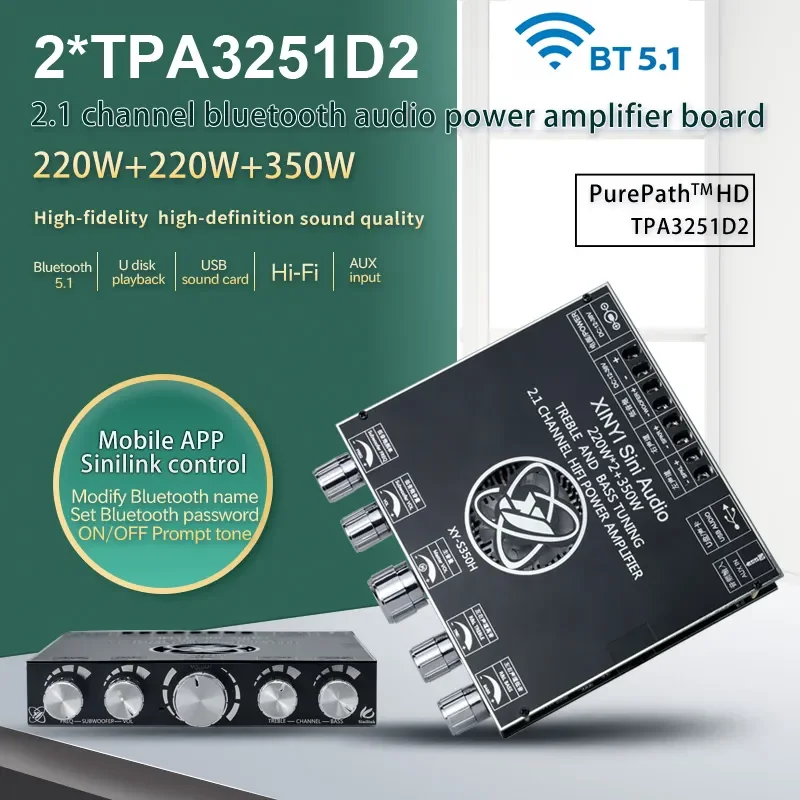 2*220W+350W Bluetooth TPA3251 Power Amplifier Board USB Sound Card Subwoofer Theater Audio Stereo Equalizer Amp 2.1 Ch Class D