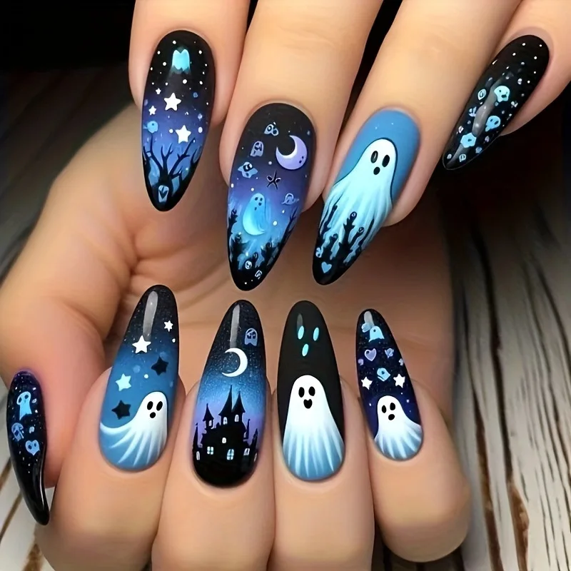 24 Stück Spirale Streifen Muster Press On Nails Stern Kürbis Laterne Halloween Elemants Falscher Nagel Blau Französischer Stil Mandel Fake Nail – Detail 8