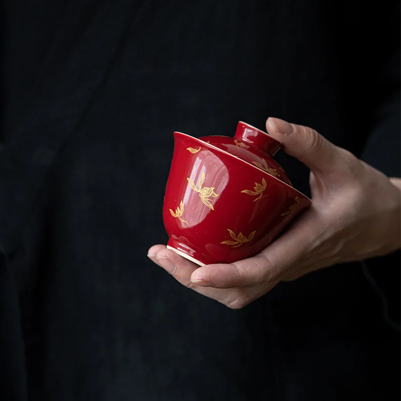Langhong - Gaiwan Kung Fu Set Ceramic Imitation Gold-Stamped Home Use Red National Style Main Tea Bowl