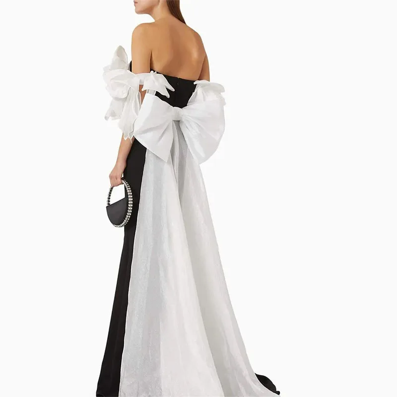 Fashion Black&White Contrast Prom Dress Strapless Bow Cocktail Party Dress Sleeveless Floor-Length Evening Dress