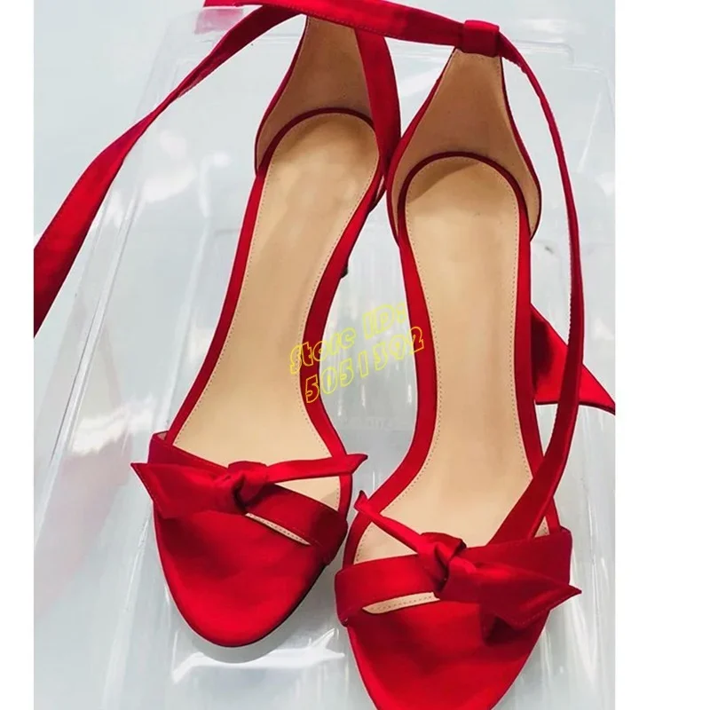 Leather Knot Stiletto High Heel Sandals White Red Black Open Toe Handmade New Arrivals Classic Women Summer Shoes Solid Tie Up - view 3