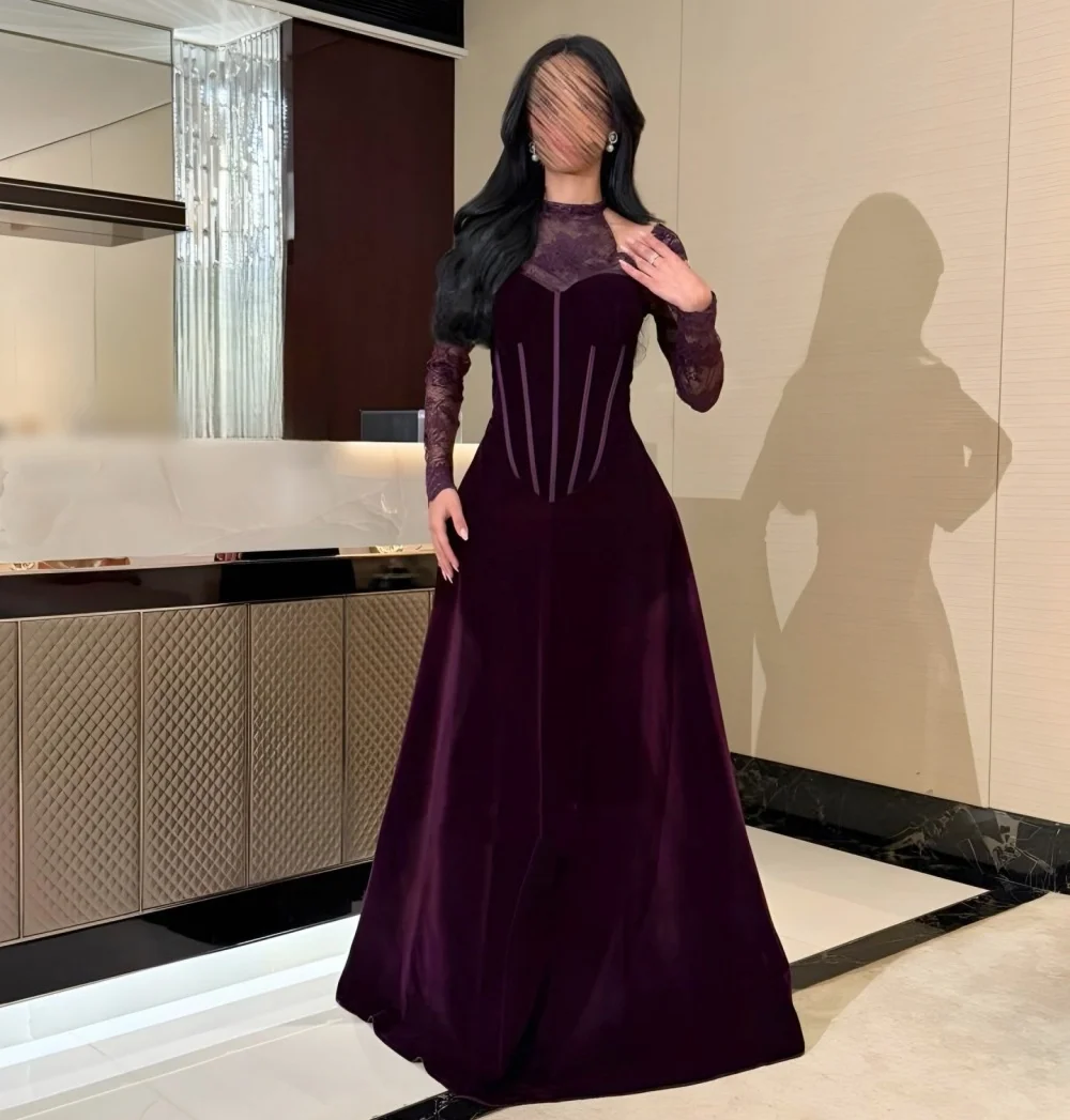

Customized Violet Long Sleeves Evening Gowns Pleat Grace Velour A-line Long Dresses Bespoke Occasion Prom Elegant Party