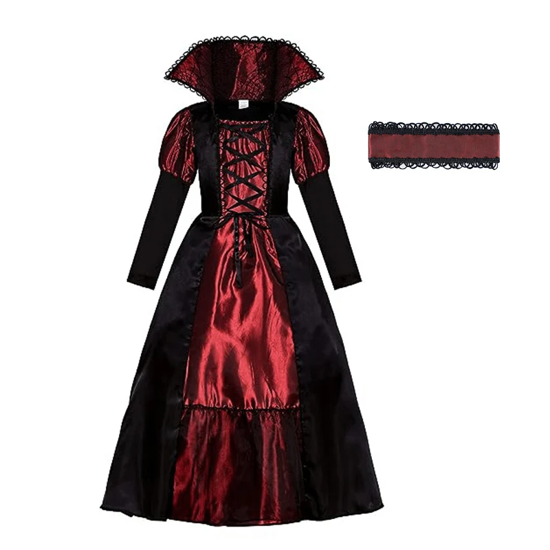 Vampire Queen Cosplay Costume Medieval Gothic Black Red Long Dress With Lace Collar Girls Halloween Party Role Play Fancy Outfit