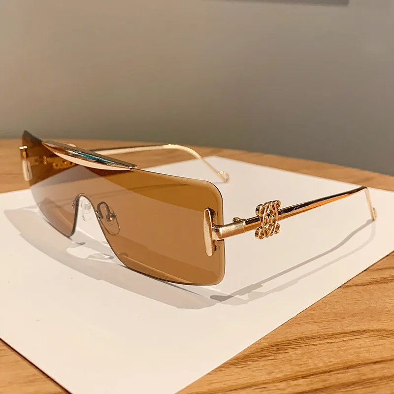 New Trendy Top Quality Rectangle Flying Goggles Women Men One-piece Rimless UV400 Durable Sunglasses for Outdoor Traveling