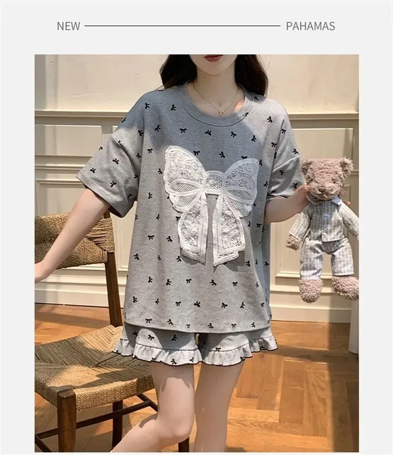 Women Kawaii Pajamas Y2K Shorts Short Sleeve Sleepwear Summer Pijama Casual Nightwear Femmes Pyjamas Home Wears 2 Piece Set New