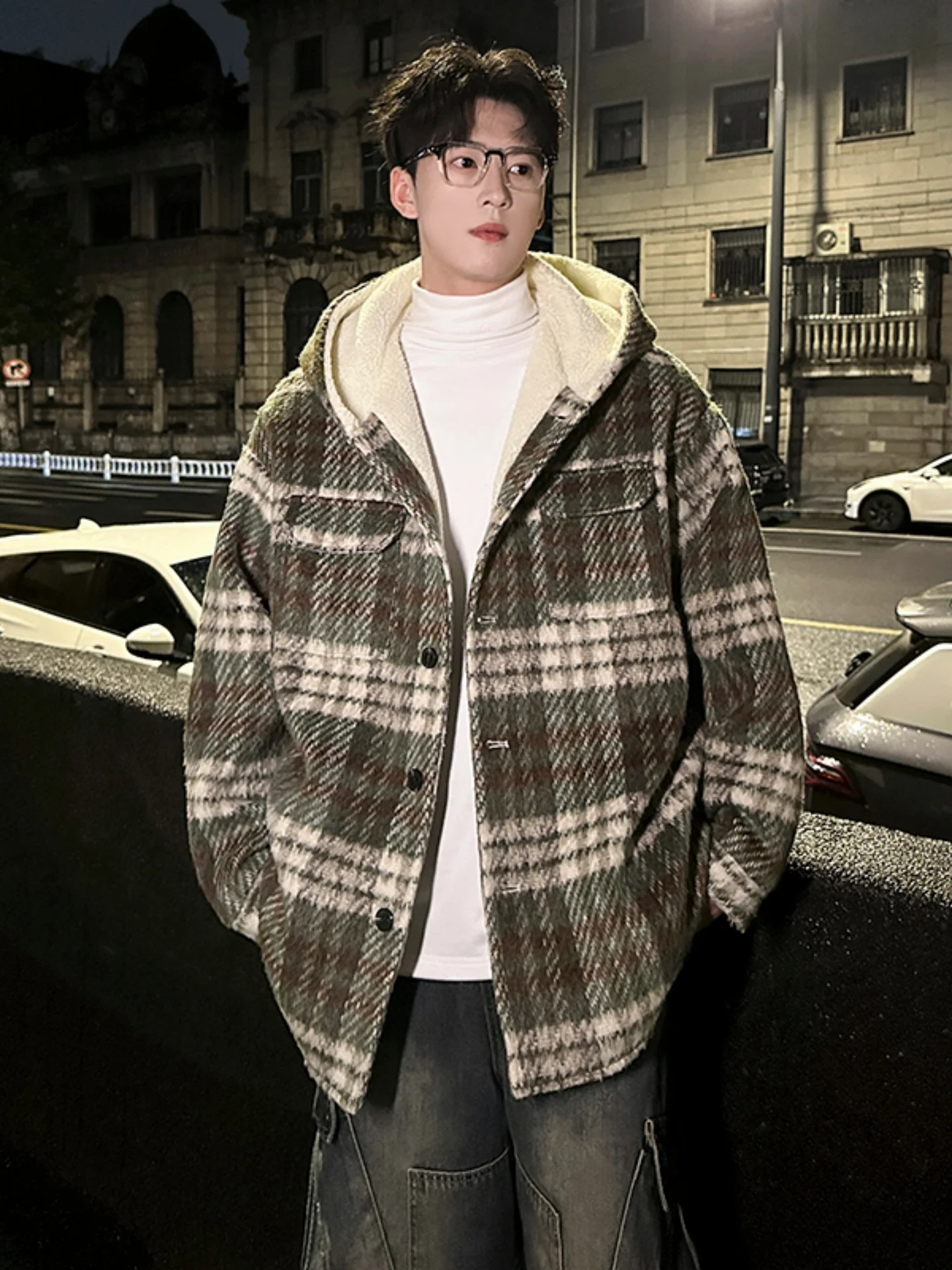 

Men's Thiened Winter Coat Plaid Lamb Velvet Cotton Jaet American Vintage Sle Casual Faion Warm Long Sve Button Clo...