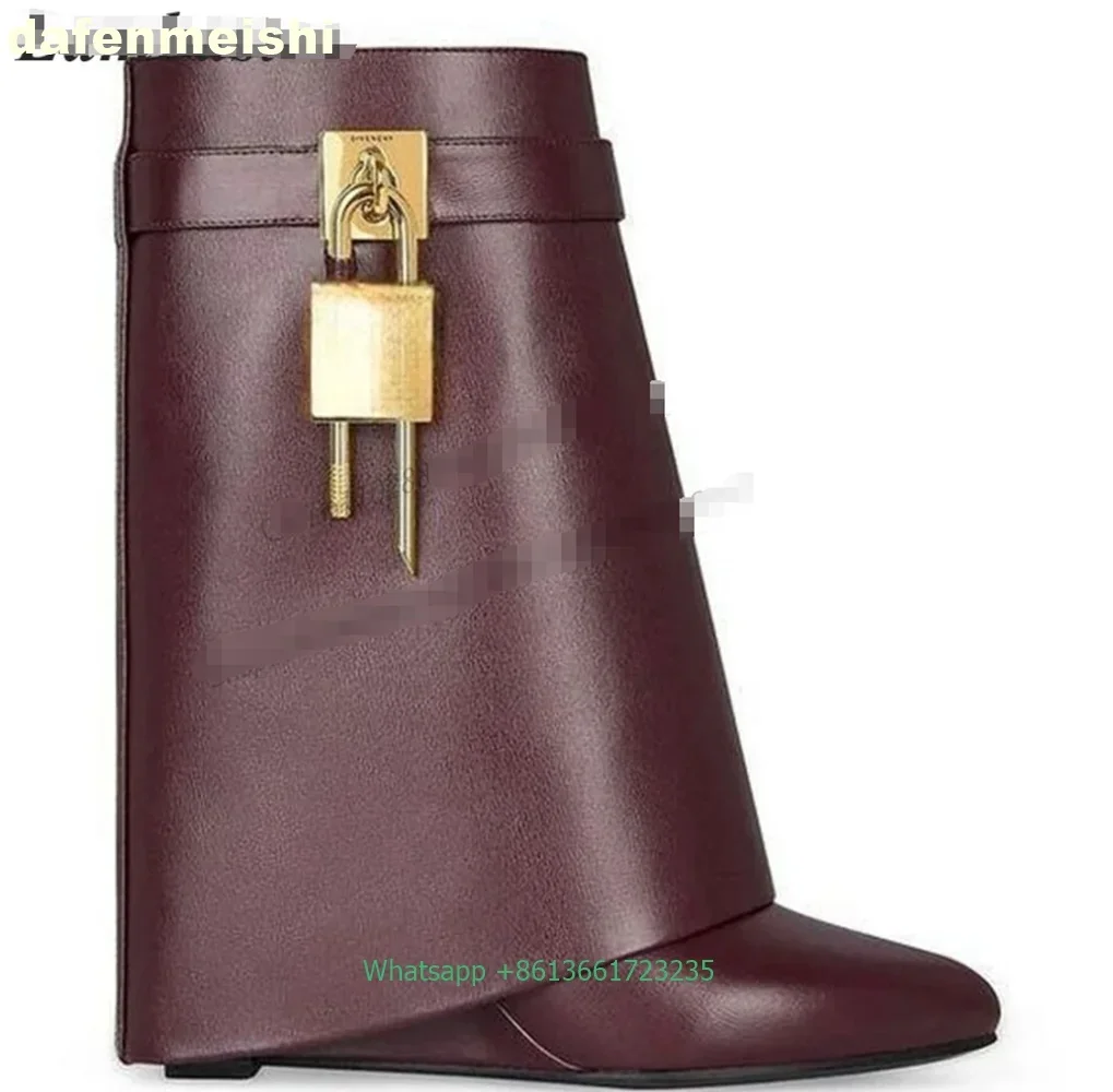 Classic Style Metal Lock Shark Boots Fiber Leather/cowhide Solid Color Fashion Women Mid-Calf Boots Platform Wedges Trend Shoes
