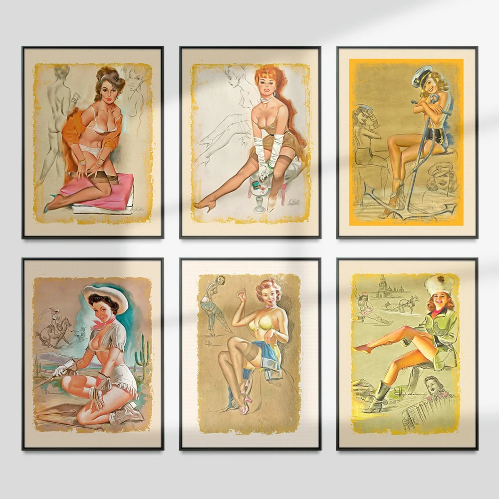 Sexy Pinup Girl Pictorial Poster Vintage Print Art Design Drawing Wall Stickers Canvas Painting Decor
