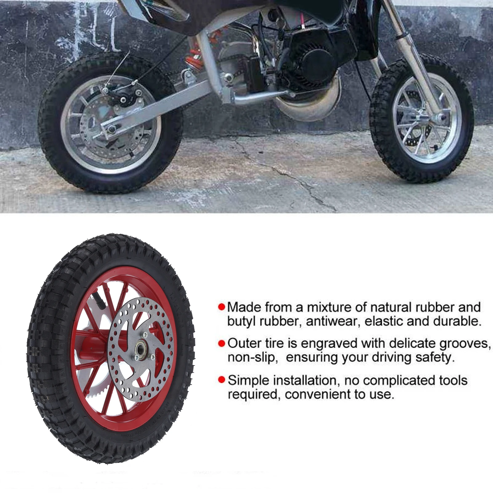 12.5x2.75in Mini  Rear Wheel AntiSkid Rubber Steel Alloy for 47cc 49cc 2 Stroke Dirt Bike  Bike Rear Wheel