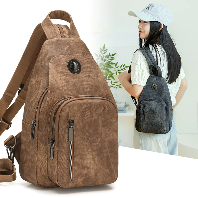 Retro Stylish Women Backpack, Large Capacity PU Leather Multilayer Zipper Travel Bag, Casual Daypack Multi-functional Chest Bag