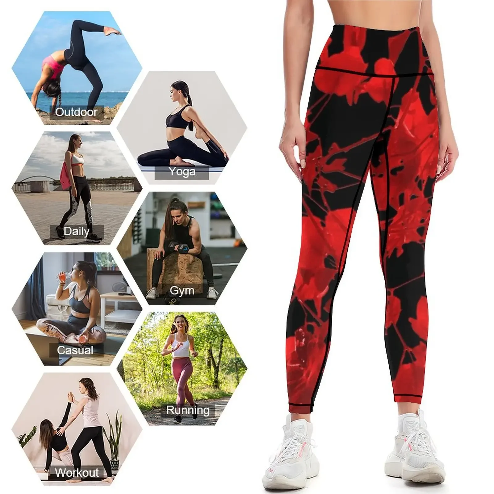 Dark Red Floral Print Leggings active wear Clothing fitness Women's high waist gym sportswear woman Womens Leggings 4