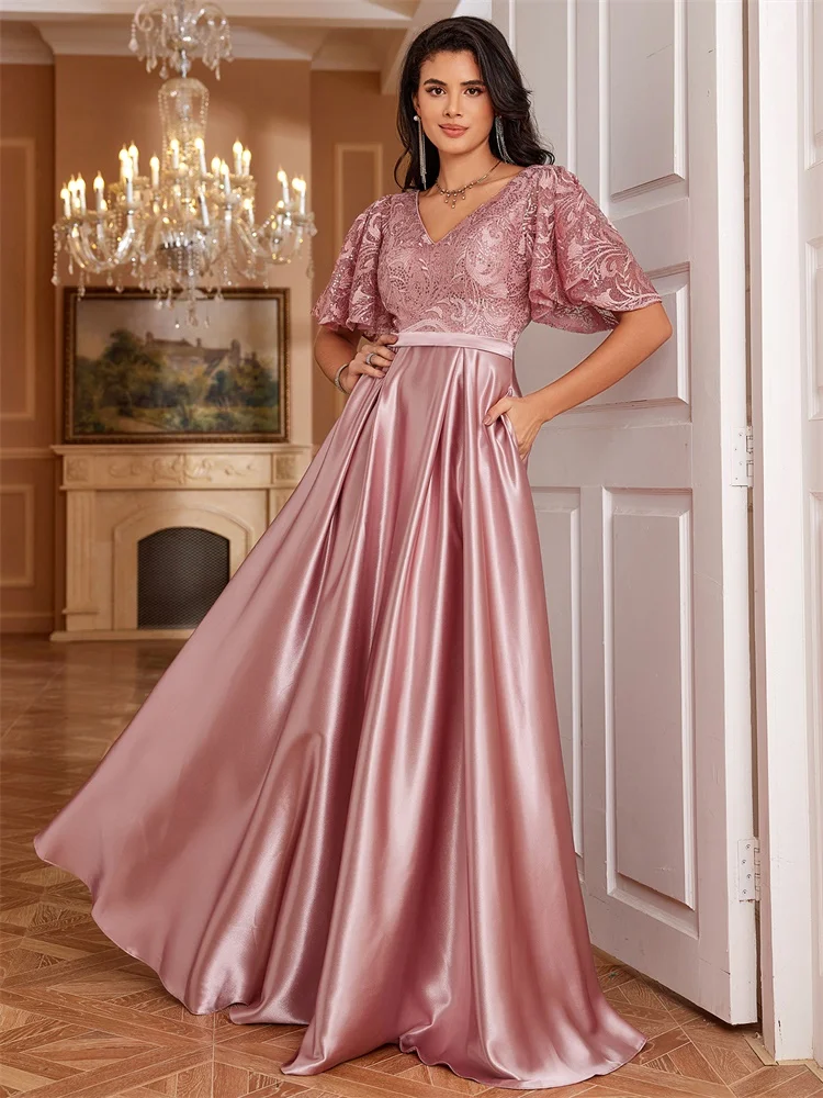 Lucyinlove Elegant Short Sleeve Pink Satin Formal Evening Dress Luxury Long Women Mermaid Wedding Party Dress Cocktail Prom