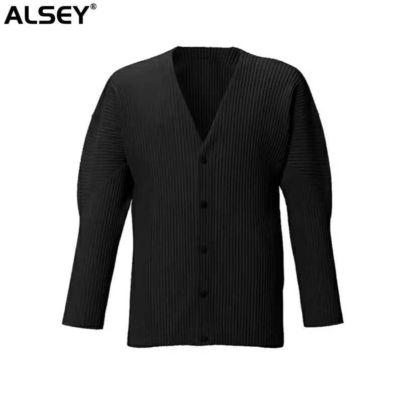 ALSEY Miyake Pleated Men's Cardigan Jackets Japanese Autumn New Craft Simple Casual Plus Size Loose V-neck Single Breasted Coat