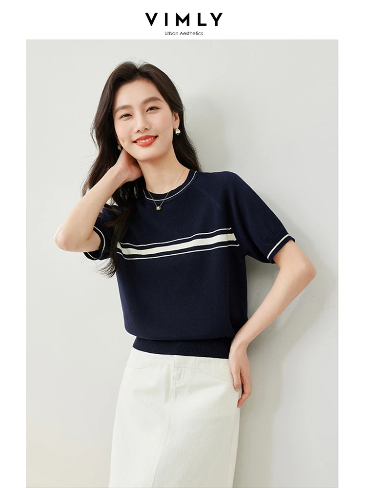 Vimly Contrast Striped Short Sleeve T-shirts Woman 2024 Summer High Strecth Simple Soft Knitted Pullovers Female Knitwear 72898