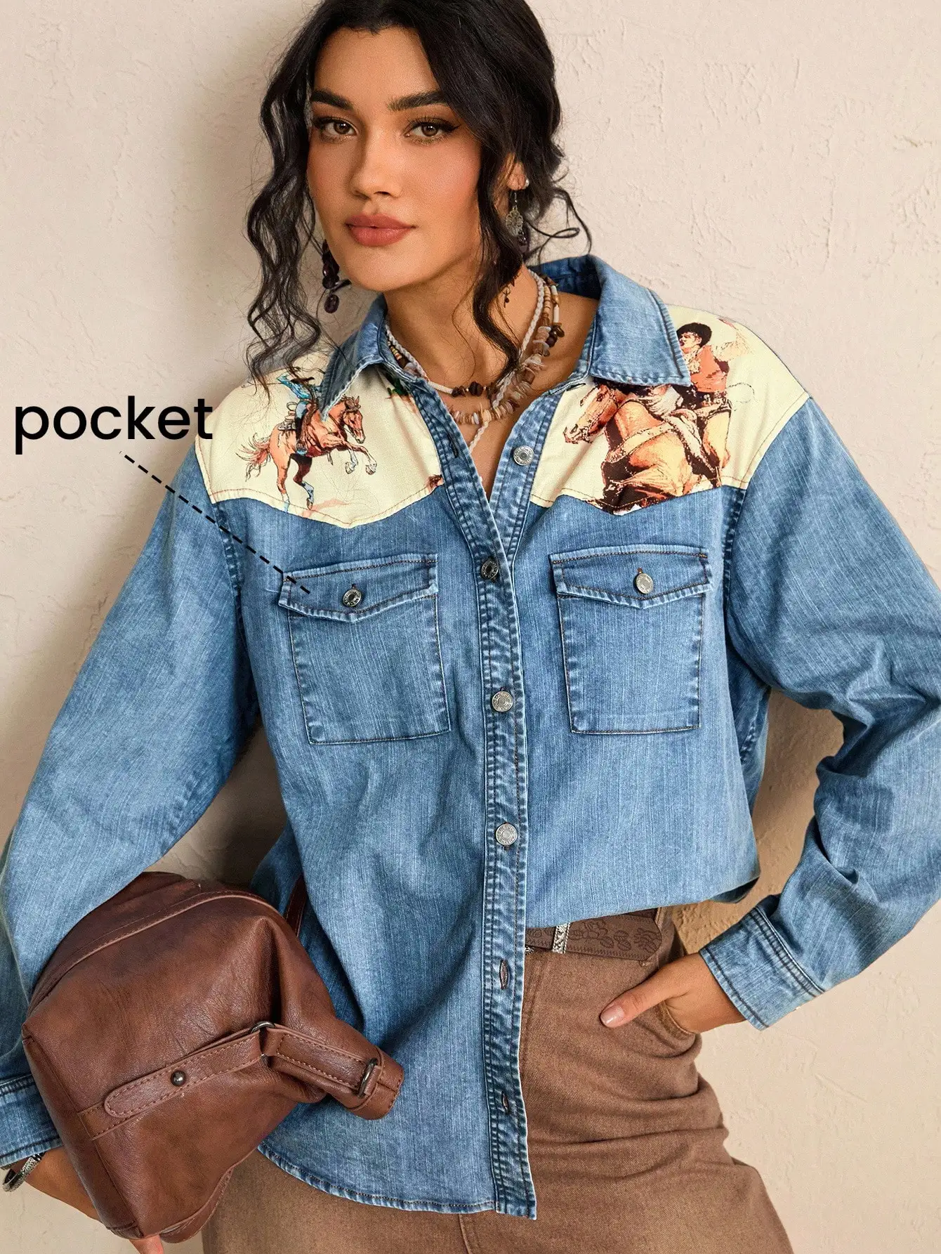 

Washed Denim Western-Style Button-Up Shirt with Vintage Horse Print