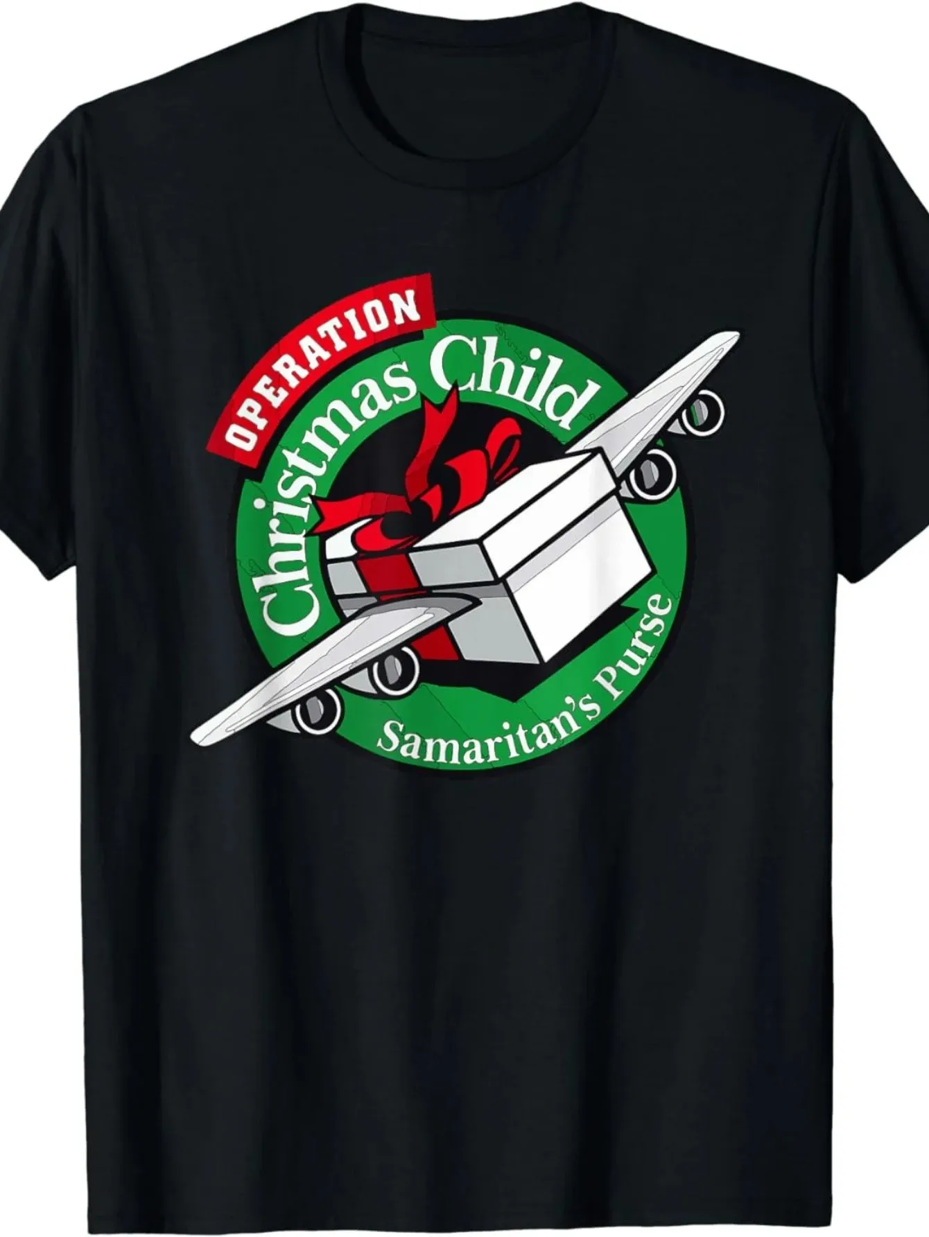 Samaria Wallet Campaign Camiseta navideña para niños - Negra con blanco campaña Logotipo navideño para niños y diseño de caja de zapatos, manga corta con cuello redondo de algodón suave, ligeramente elástico ~ Logotipo de la caja ~, estilo versátil