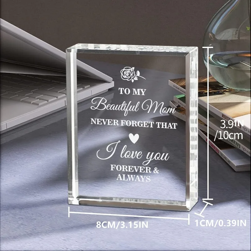 Mom Crystal Keepsake – Personalized engraved. Valentine's Day, Christmas, birthday gifts from daughter/son. "To My Mom" decor.