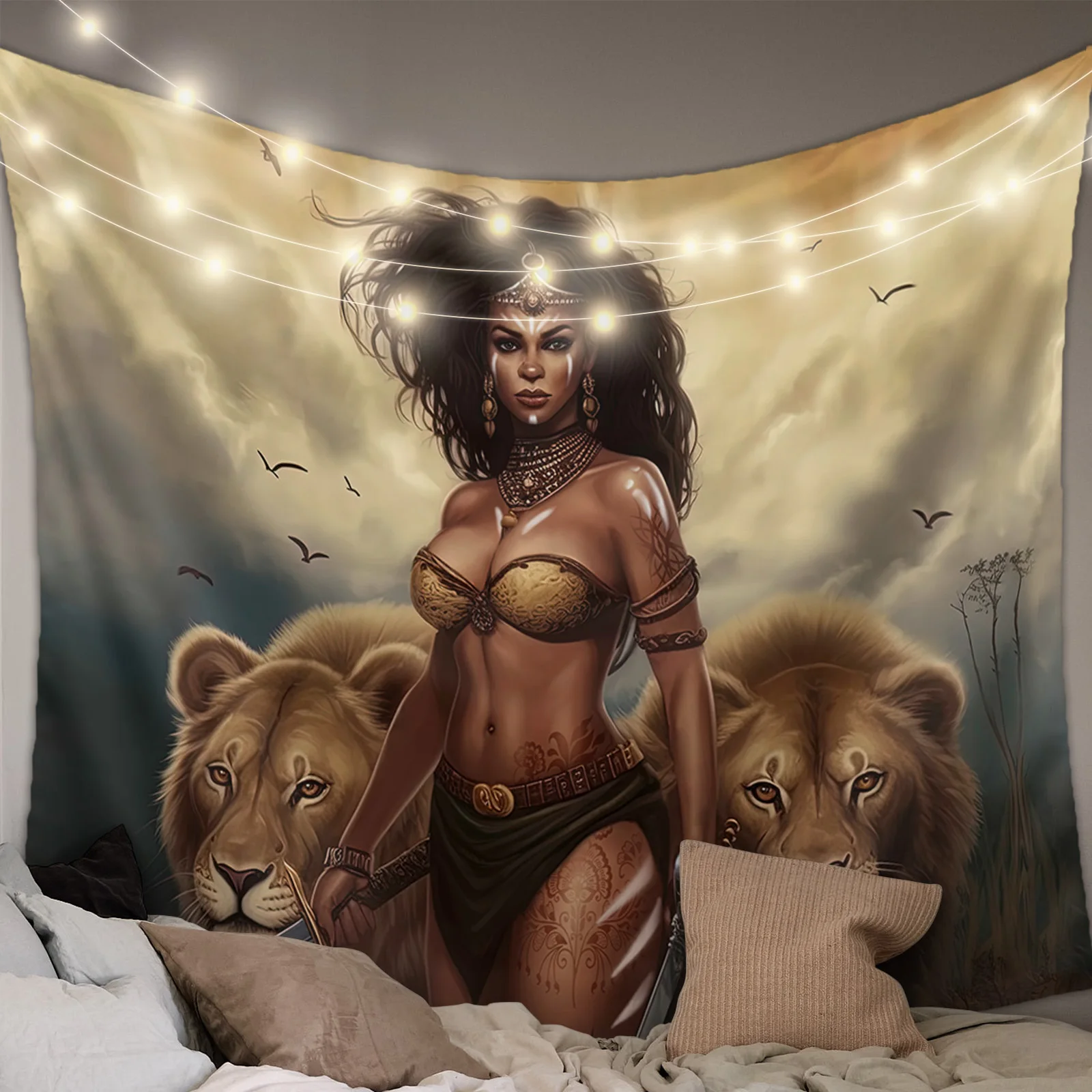 African Savanna Woman Lion Tapestry Wall Hanging Boho Tapestry Wall Home Bedroom Living Room Decor Hanging Cloth