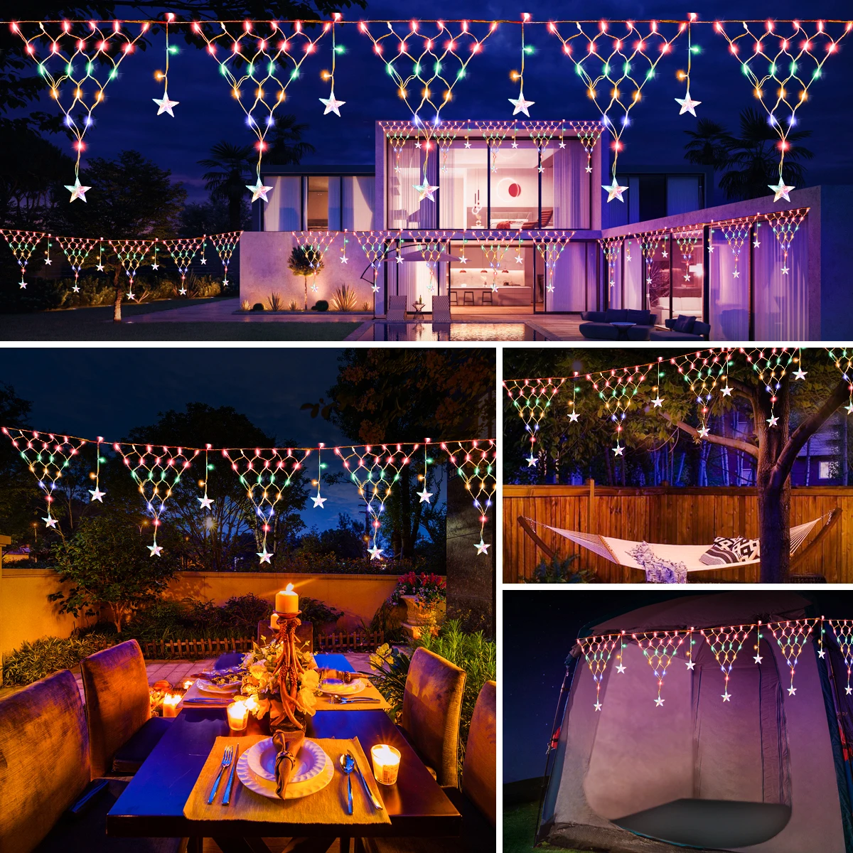 سلسلة إضاءة شمسية مزينة لعيد الميلاد ، نجمة خماسية ليد ، شريط ثلج ، مصابيح ستائر ، مقاومة للماء ، خارجية ، حديقة ، إيف ، 8 أوضاع