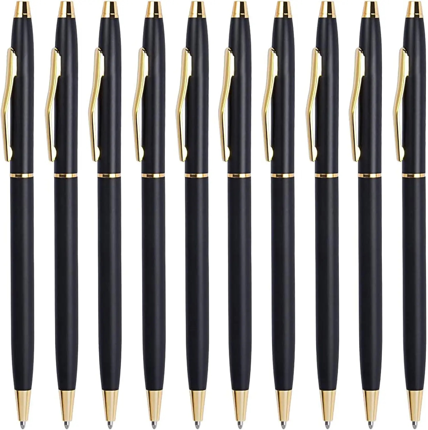 Cambond Slim Ballpoint Pens Bulk - Black Ink 1.0mm Medium Point Retractable Metal Pen for Police Uniform, Flight Attendant & Office, 10 Pack (Black Barrel)